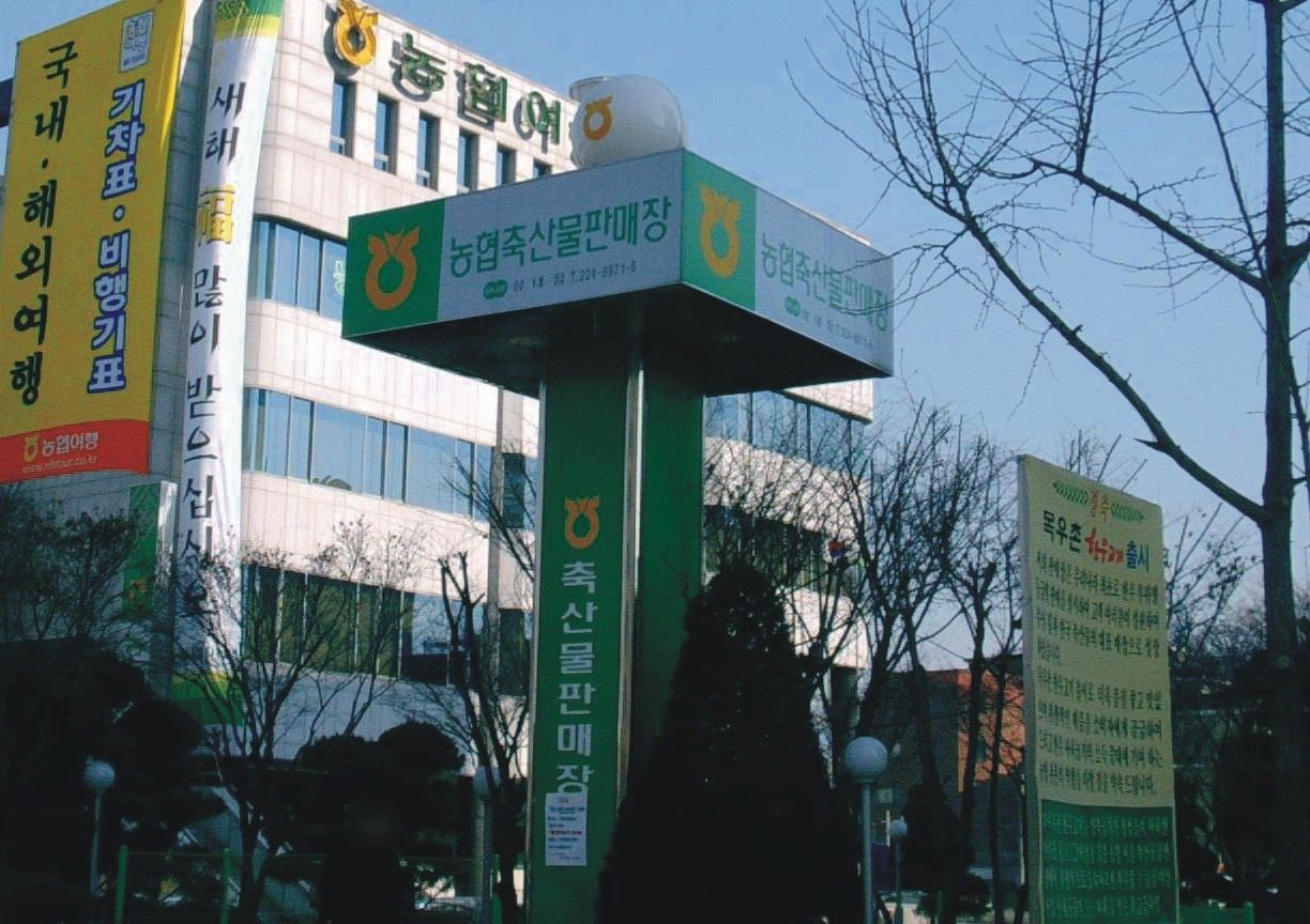 농협축산물 성내판매장 앞에 세운 4면 지주간판
